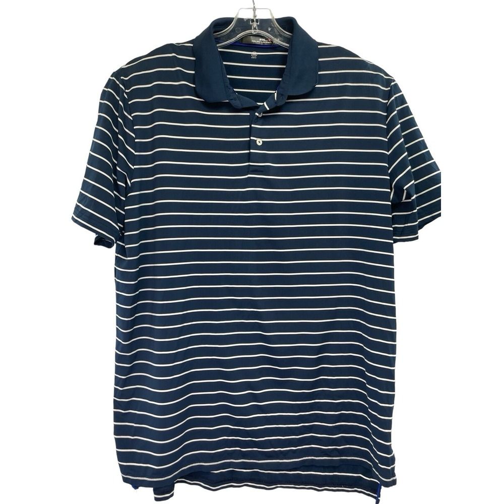 RLX Ralph Lauren Mens Sz‎ XL Navy Blue /White Striped Golf Polo Shirt (W5) EUC